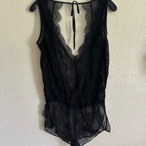 Black Scallop V-Neck Back Tie Lace Lingerie Romper Teddy